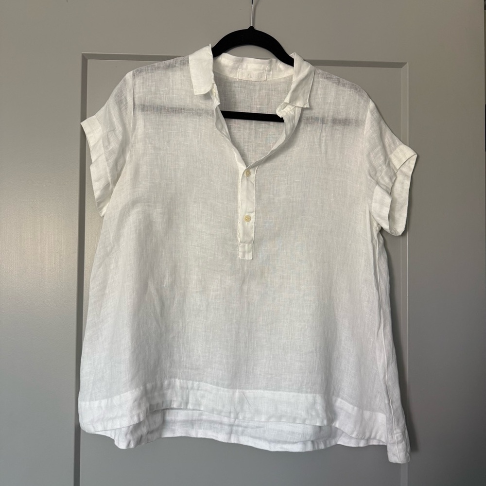 CP Shades Peek Top Blouse 100% Linen White Relaxed Button Collar Summer S - Picture 2 of 10